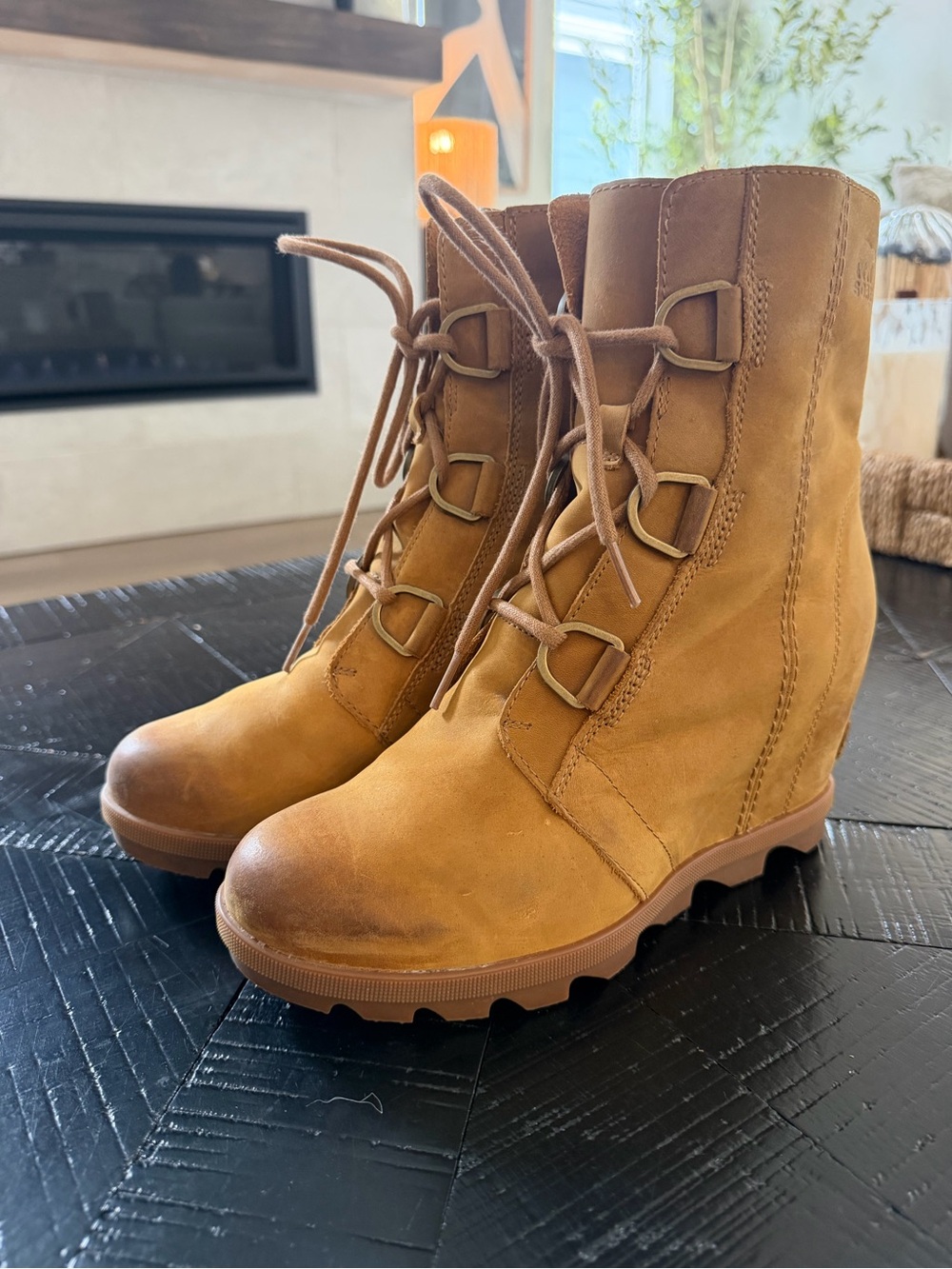 Sorel Tan Lace-Up Wedge Combat Boot